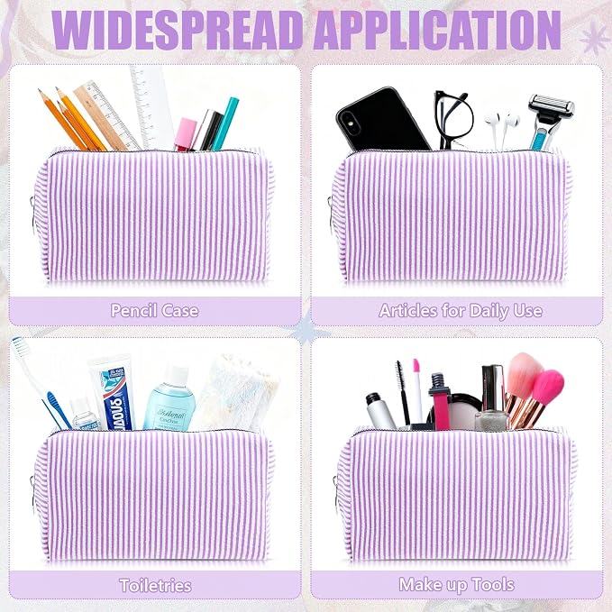 Giesiery 8 Pcs Seersucker Makeup Bags Striped Cosmetic Bags Bulk Organizer for Women Preppy Travel Toiletry Pouch for Wedding Bridesmaid Gifts (Purple, Medium) - Image 7