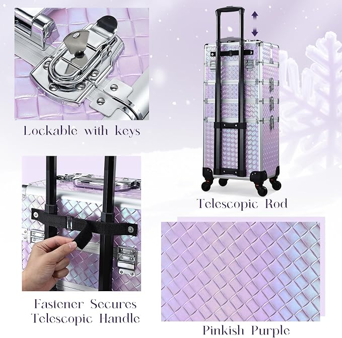 Stagiant Rolling Makeup Case Cosmetology Case on Wheels 4 in 1 Makeup Travel Case Extra Large Cosmetic Box with Key Make Up Artist Traveling Storage Nail Case Salon Barber Cart Trunk Pinkish Purple - Image 8