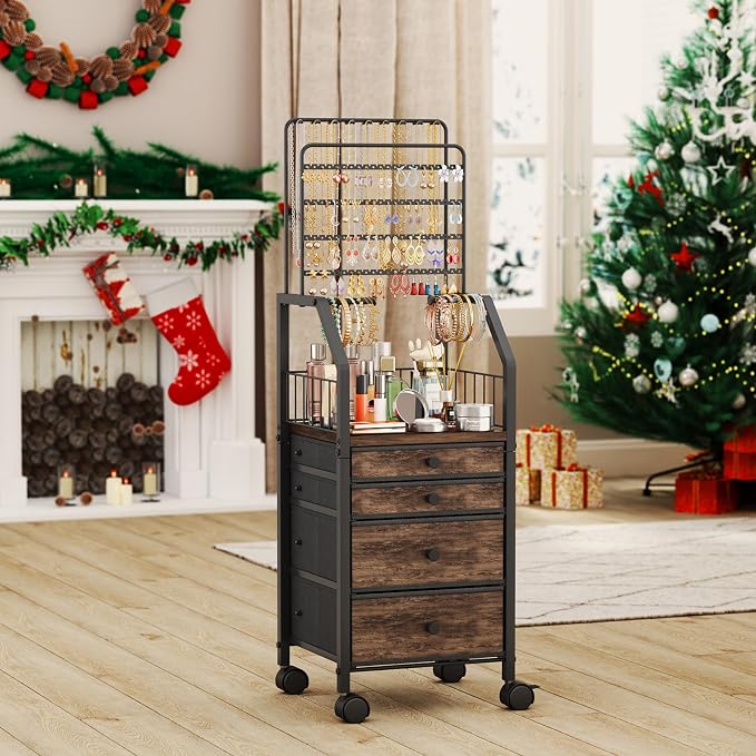 SWTYMIKI Jewelry Organizers and Storage- Multifunctional Stand Jewelry Organizer Cabinet for Necklace, Earring, Ring & Bracelet - Jewelry Box Necklace Holder with 4 Nonwoven Drawers & Wheel Espresso - Image 7