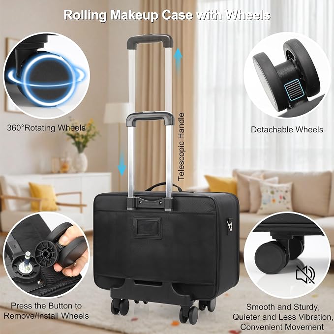 MONSTINA Rolling Makeup Train Case, Hairdressing Bag Cosmetology Case on Wheels Makeup Artist Bag Hairstylist Travel Cosmetic Organizer Storage Bag with 4 Bag (Black+Hairdressing Bag) - Image 8