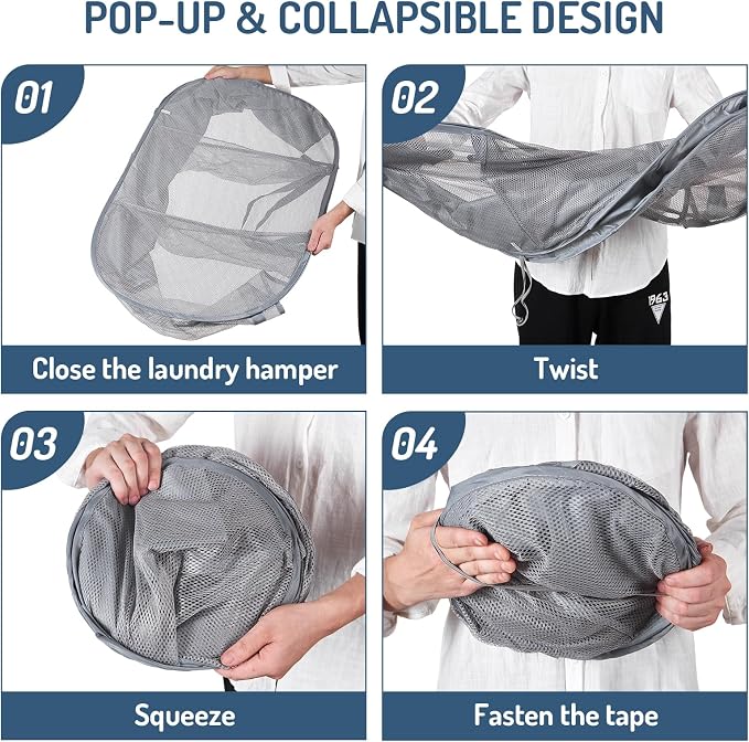 Seiritex Mesh Popup Laundry Hamper 3 Compartment Sortable Horizontal Collapsible Laundry Basket for Clothes Laundry Room Bedroom Toys Travel (Gray) - Image 7
