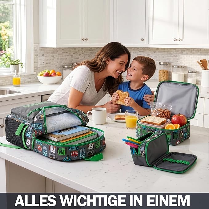 Get Trend Minecraft Kids Backpack Set for Boys with Insulated Lunch Bag & Pencil Case, 3 Pc Book Bag with Padded Straps for School, Travel, Creeper Gamer Gifts for Boys (Grey/Green Minecraft) - Image 6