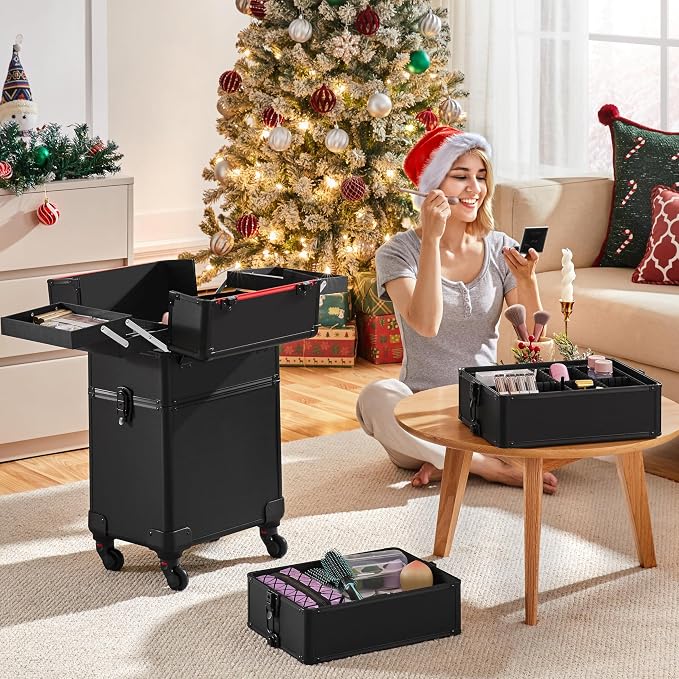 Yaheetech 4 in 1 Rolling Makeup Train Case, Lockable Black Cosmetology Cart | Extra large aluminum-trimmed nail cart with detachable tiers and accordion trays keeping beauty supplies organized on the go - Image 9