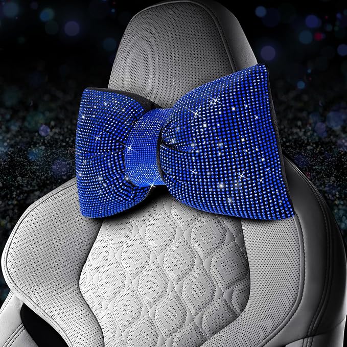2 PCS Bling Car Pillows,Rhinestones Bowknot Car Headrest Pillow,Blue | Car Neck Pillow for Driver Relax Neck Support,Sleeping Travel Support Neck Pillow,Diamond Interior Accessories for Women - Image 6