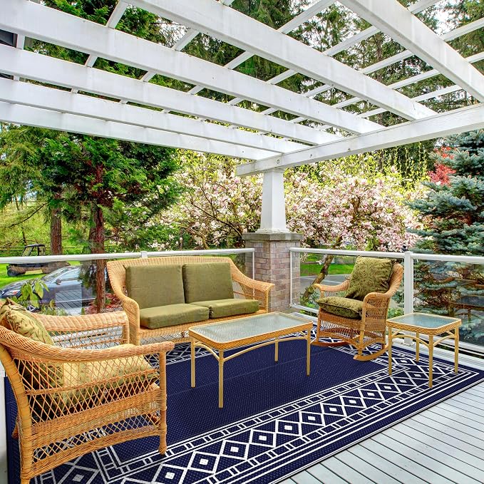 GENIMO Outdoor Rug Waterproof for Patio Decor, 5'x8' Reversible Plastic Straw Rug Carpet, Camping Mats for Outdoor, RV, Backyard, Deck, Balcony, Picnic, Blue & White | Outside Larger Modern Carpet Mat for Porch Decor, Deck, Balcony, Camping, RV, Backya... - Image 8