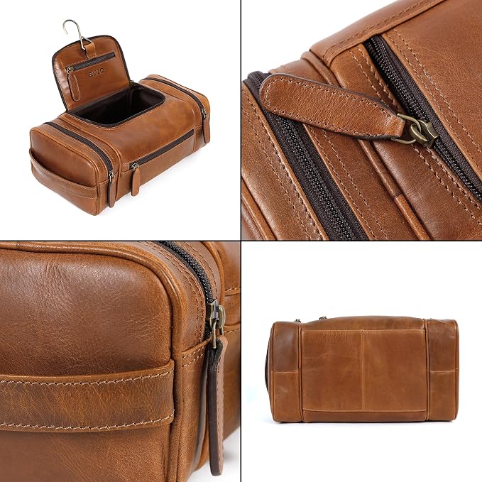 ELIZO Real Leather Toiletry Bag for Men - Extra Large Hanging Travel Organizer for Toiletries, Ideal for Dopp Kit & Shaving Kit for Men, Essential Mens Travel Toiletry Bag for Toiletries (Cognac) - Image 7
