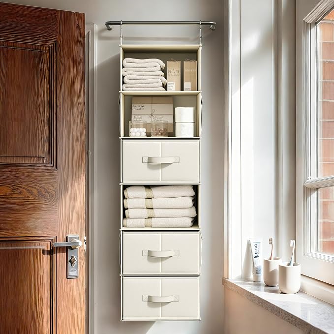 Vailando 6-Shelf Hanging Closet Organizer with 3 Drawers, 6-Shelf Inseparable Closet Organizers and Storage for Wardrobe Organization, Hanging Dresser for Nursury & Dorm Clothes Organizer, Beige - Image 9