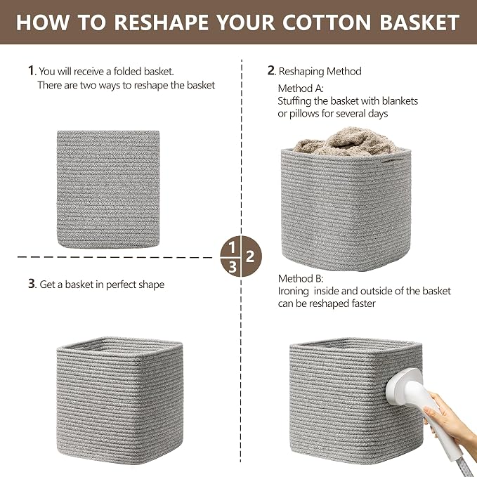 joybest 11inch Cube Storage Bins Set of 4, Cotton Rope Woven Organizer Basket for Shelves, Cube Bin Square Shelves Organizer Closet Storage, Nursery, Toy Organization, Gray - Image 7