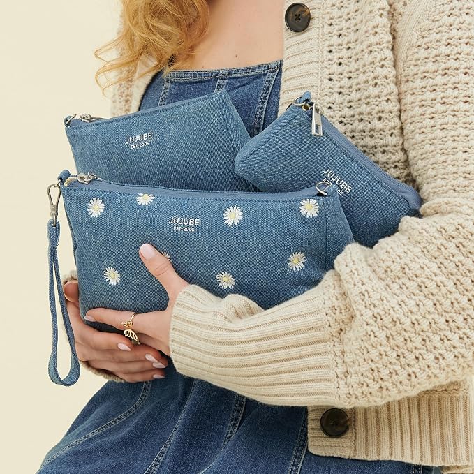 JuJuBe 3-Piece Pouch Set Diaper Bag Organizing Pouches, Perfect for Travel, On The Go, Zipper Cosmetic Makeup Bag or Diaper and Wipes Storage Pouch, Large, Medium, & Small, Denim & Daisies (Blue) - Image 9