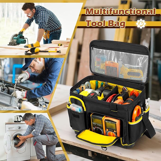Marscamd 16-inch Tool Bag with Hard Bottom and a Detachable Divider | Heavy Duty Tool Tote with Multiple Pockets & Detachable Shoulder Strap, Black - Image 7