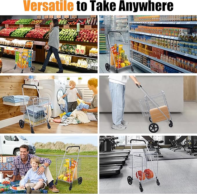 Whitmor Utility Folding Shopping Cart, 115L Heavy Duty Grocery Cart with Double Basket, 360° Swivel Wheels, Foldable Rolling Utility Trolley, 110 Lbs Capacity for Grocery, Laundry, Travel, Sliver - Image 7