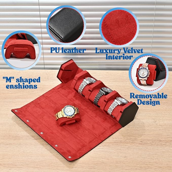 4-Slot Leather Watch Roll Travel Case with Velvet Interior,Black Red | Multiple Watch Capacity,Premium Hexagon Leather,Velvet M-Shaped Cushions,Secure Snap Closure,Storage Organizer - Image 6
