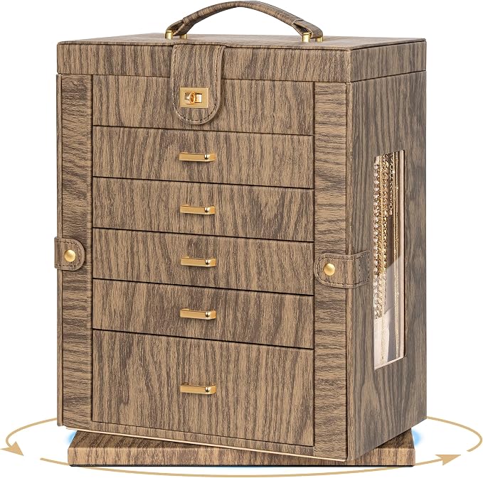 AKOZLIN 6-Tier Jewelry Box Organizer Functional 5 Drawers Leather Jewelry Storage Case for Women Girls Ring Necklace Earring Bracelet Holder Organizer with Mirror XL Wood Grain 360° Rotating - Image 8