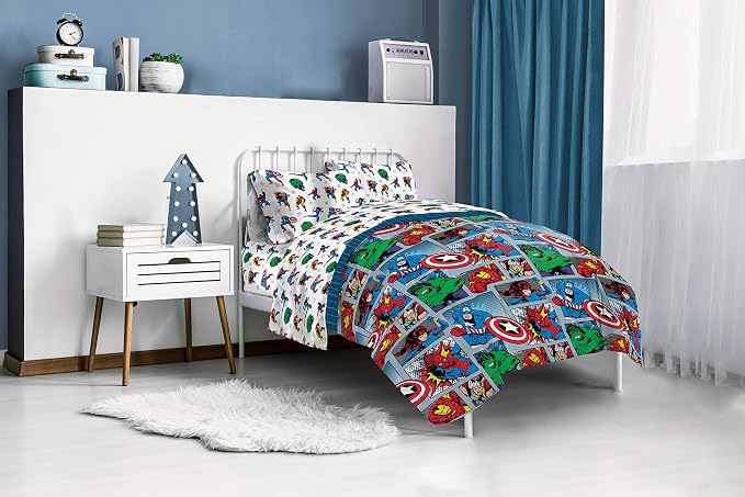 Marvel Comics Iron Man Twin Comforter Set 4 Piece Kids Bedding, Multi | Hulk Captain America, Bed in a Bag, Comforter Sheets Pillowcase, Soft Microfiber, Machine Washable, Boys Gift - Image 7