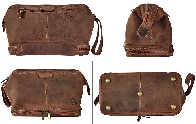RUSTIC TOWN Leather Toiletry Bag for Men - Travel Gift Shaving Ditty Kit - Bathroom Shower Toiletries Organizer - Cosmetic Makeup Bag for Women | Dual Compartment, Back Zip Pocket, Waterproof Lining; Shaving & Cologne Organizer; TSA Carry-On; Gift for ... - Image 8