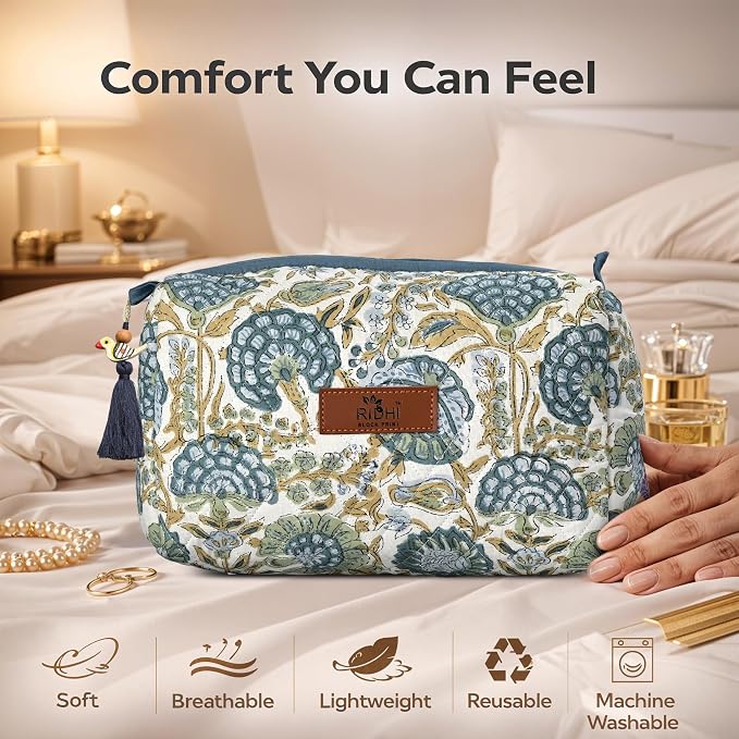Ridhi Asparagus Green Hand Block Printed Floral Toiletry Bag For Women 100% Cotton Quilted Set of 3 Waterproof Inner Lining, Cosmetic Jewelry Organizer, Travel Pouch, Essential Storage Purse Gifts - Image 8