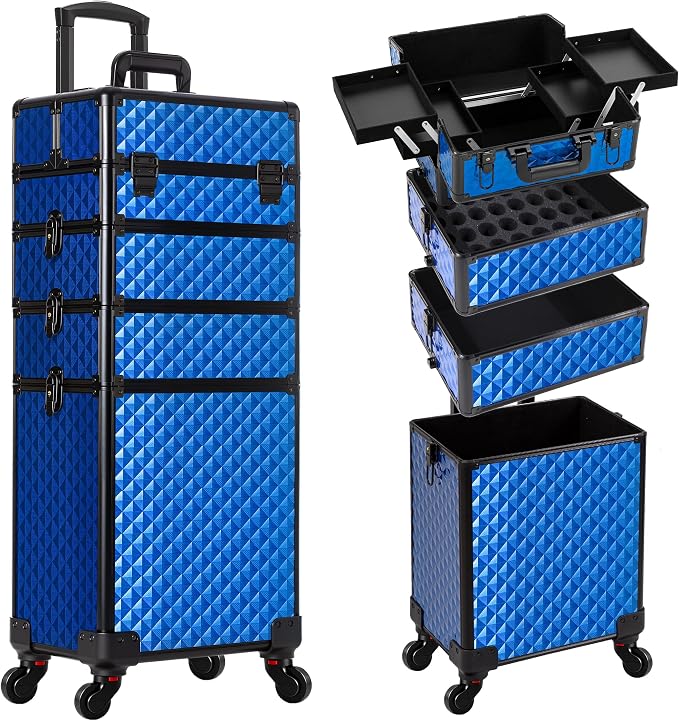 AROUS Rolling Makeup Train Case 4 in 1 Cosmetology Case on Wheels Large Storage Cosmetic Trolley with Key Salon Barber Traveling Cart Trunk, Blue - Image 9