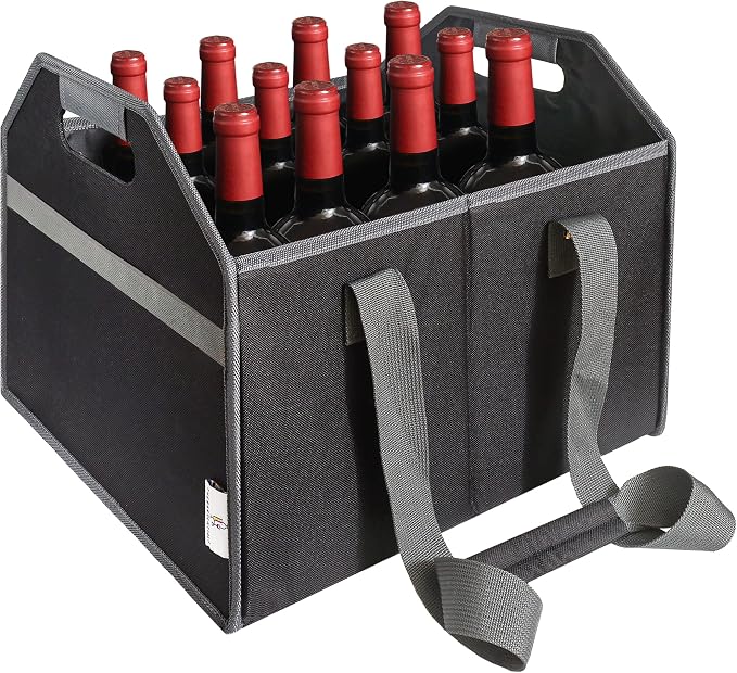 12 Bottle Wine Carrier Collapsible Reusable with Strap for Liquor Champagne Beer Glasses Storage Shopping Travel (Black) - Image 8