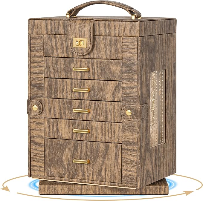 AKOZLIN 6-Tier Jewelry Box Organizer Functional 5 Drawers Leather Jewelry Storage Case for Women Girls Ring Necklace Earring Bracelet Holder Organizer with Mirror Wood Grain 360° Rotating - Image 8
