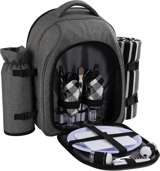 apollo walker Picnic Backpack Bag for 2 Person with Cooler Compartment, Detachable Bottle/Wine Holder, Fleece Blanket, Plates and Cutlery Set (2Person,Grey) - Image 8