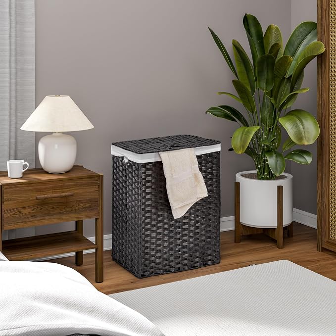 Seville Classics Premium Handwoven Portable Laundry Bin Basket with Carrying Handles, Household Storage for Clothes, Linens, Sheets, Black, Rectangular Hamper - Image 11
