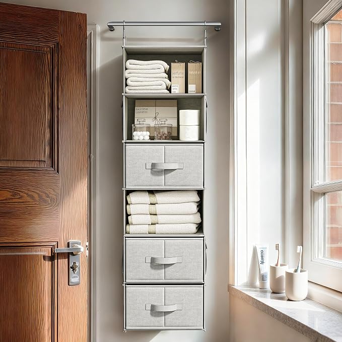 Vailando 6-Shelf Hanging Closet Organizer with 3 Drawers, Closet Hanging Shelves with Removable Fabric Drawers for Wardrobe, Nursery & Dorm Storage, Silver Gray - Image 9