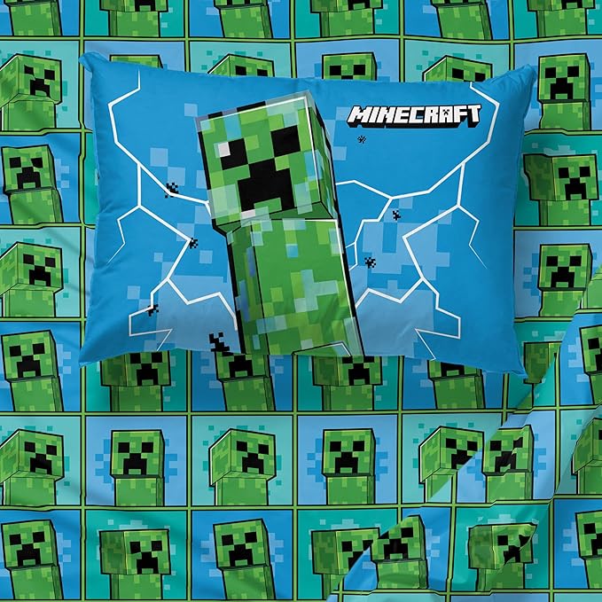 Jay Franco Kids Sheet Set with Fitted, Flat Sheets & Pillow Cover - Ultra-Soft Bedding with Pillowcase for Room Decor, Blue - Minecraft Creeper, 3 Piece Twin - Image 7