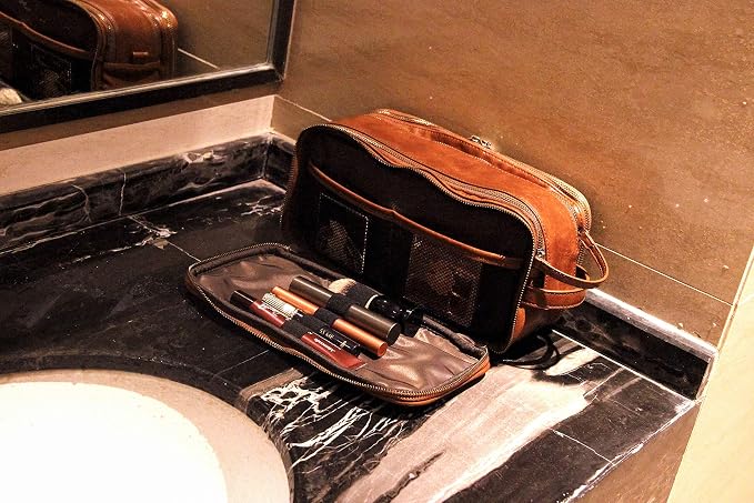 Personalized Leather Kit for Men Travel Toiletry Bag Cosmetic Shaving Bag Brown - Image 5