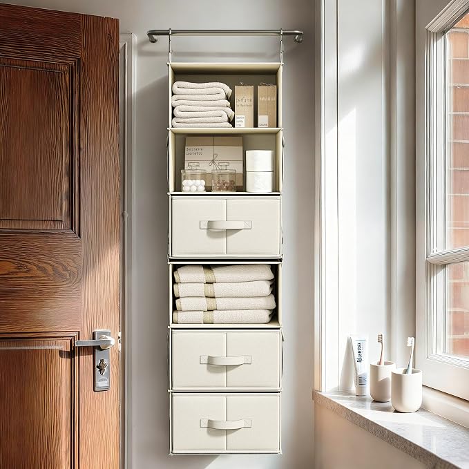 Vailando 6-Shelf Hanging Closet Organizer with 3 Drawers, 2 Separable 3-Shelf Closet Organizers and Storage for Wardrobe Organization, Hanging Dresser for Nursury & Dorm Clothes Organizer, Beige - Image 8