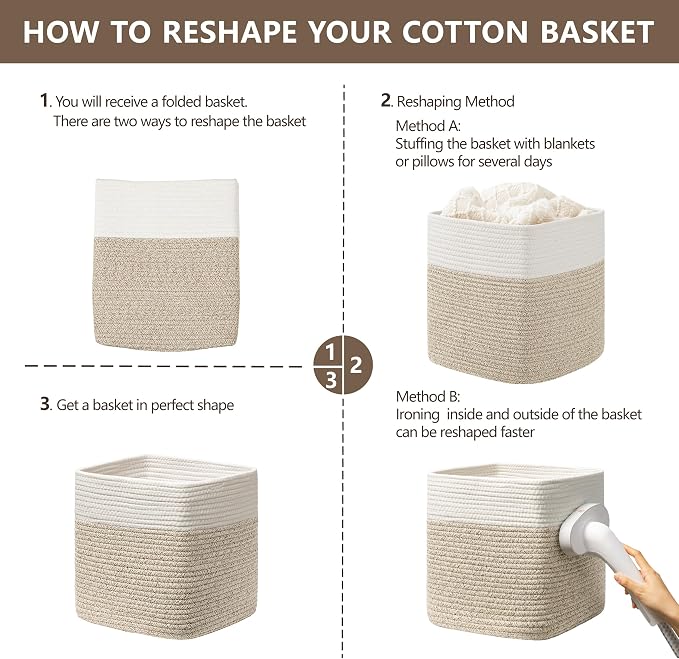 joybest 13x13x13 Inch Cube Storage Bins Set of 4, Cotton Rope Woven Organizer Basket for Shelves, Cube Bin Square Shelves Organizer Closet Storage, Nursery, Toy Organization, Brown&White - Image 7