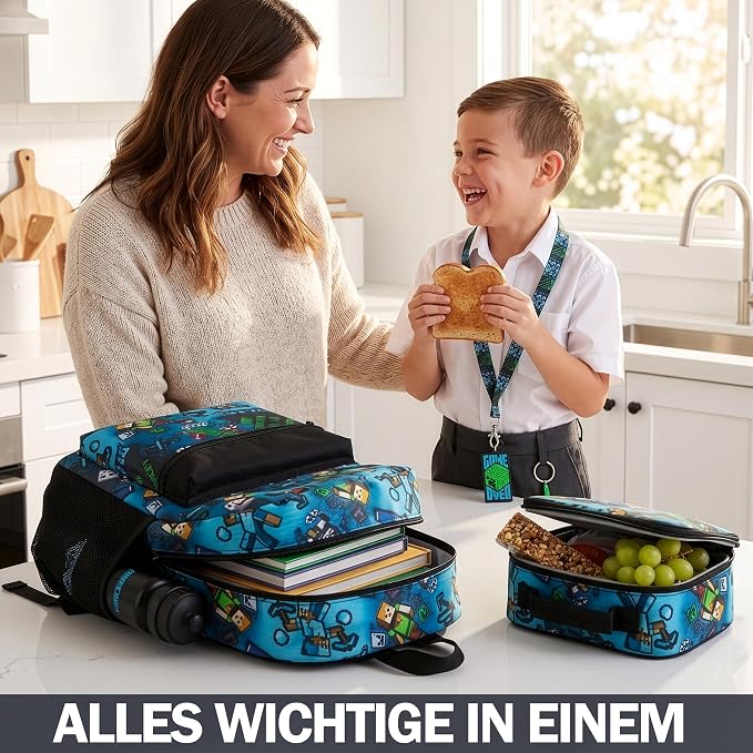 Get Trend Minecraft Kids Backpack Set for Boys with Insulated Lunch Bag, Water Bottle, Lanyard, & Charm, 5 Pc Book Bag with Padded Straps for School, Travel, Creeper Gamer Gifts (Multi Minecraft) - Image 6