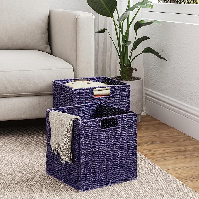 Vagusicc Wicker Storage Basket, Set of 2 Hand-Woven Paper Rope Wicker Basket, Foldable Cube Storage Bins, Square Large Storage Baskets for Organizing Shelves, Decor, Orange (13″×13″×13″) - Image 9