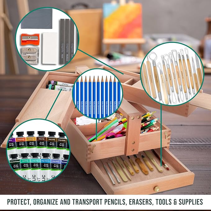 U.S. Art Supply Multi-Function Artist Tool Supply Box with Locking Clasps & Tool Storage Box - Wooden Art Box for Artist Supplies, Brushes, Pencils, Erasers, Tool Storage Organizer Case - Image 6