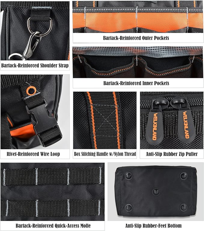 WELKINLAND 16" Tool Bags, 34-Pocket Electrician Tool Bag For Men | Open-Top Technician Tool Bag, Handy Power Tool Bag, Tool Bags for Men Heavy Duty, Electrician Tool Organizer, HVAC Tools Bag - Image 9