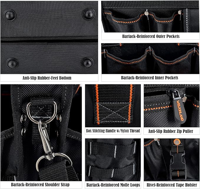 WELKINLAND 19-POCKETS Tool tote, HVAC tool bags organizer, Heavy-Duty electrician tools bag, Tool tote bag w/socket organizer tool boxes, Stay-Up maintenance tools bags - Image 9