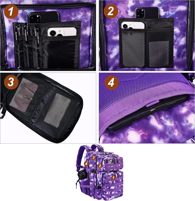 LHI Military Tactical Backpack for Men and Women 45L Army 3 Days Assault Pack Bag Large Rucksack with Molle System - Purple Camo - Image 6
