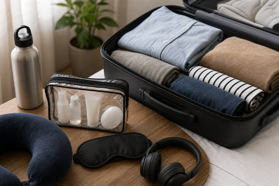 Unbranded close editorial detail featuring practical air-travel preparation