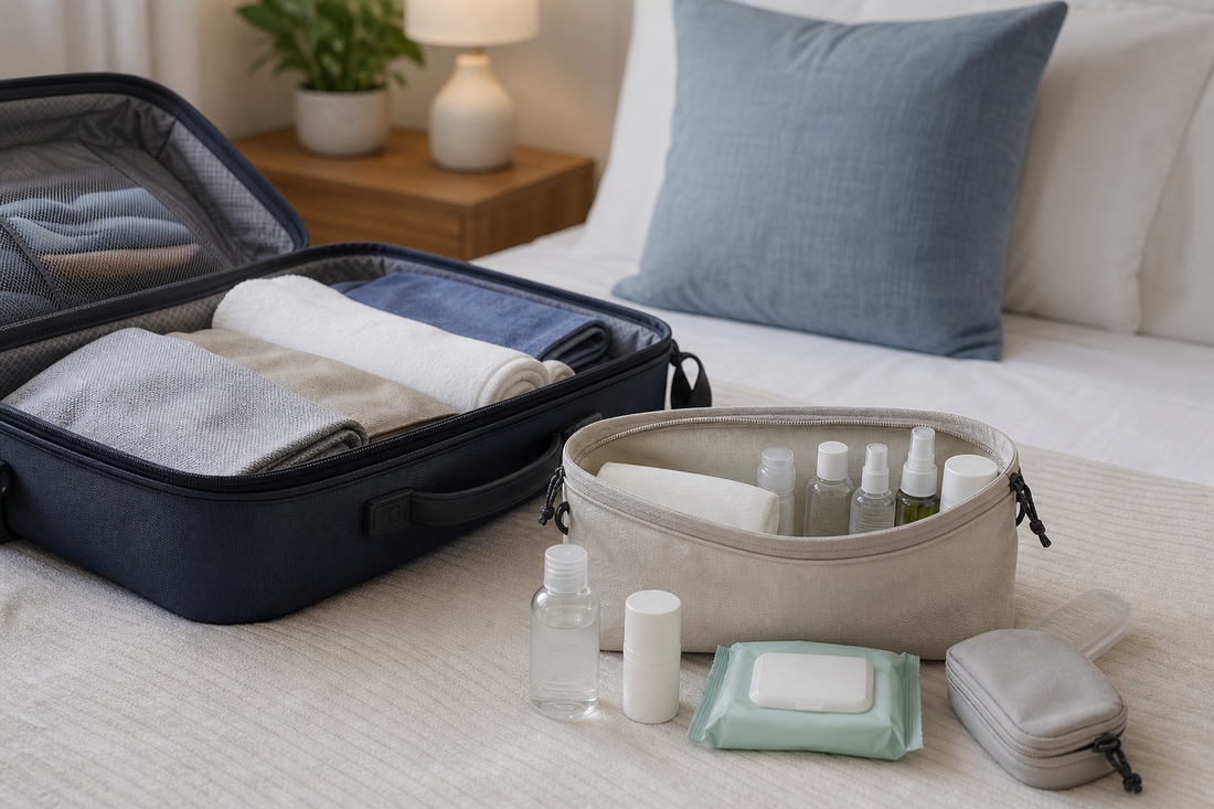 Unbranded repeatable routine scene featuring practical travel hygiene