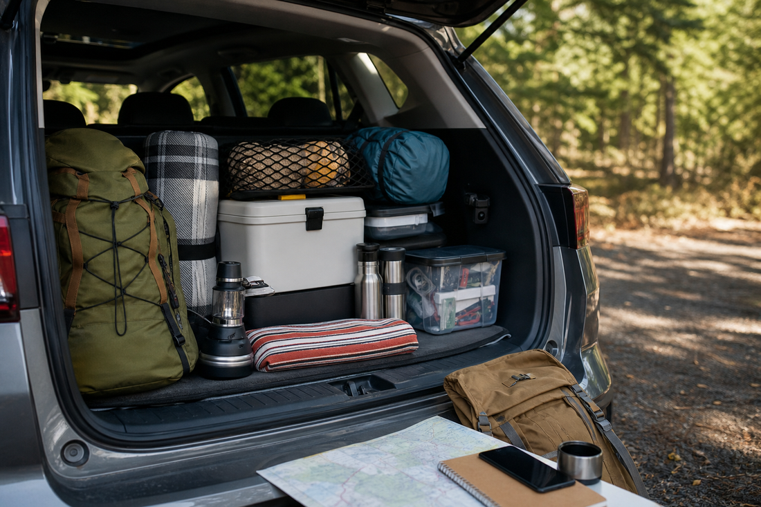 Unbranded practical sequence scene featuring practical road-trip preparation