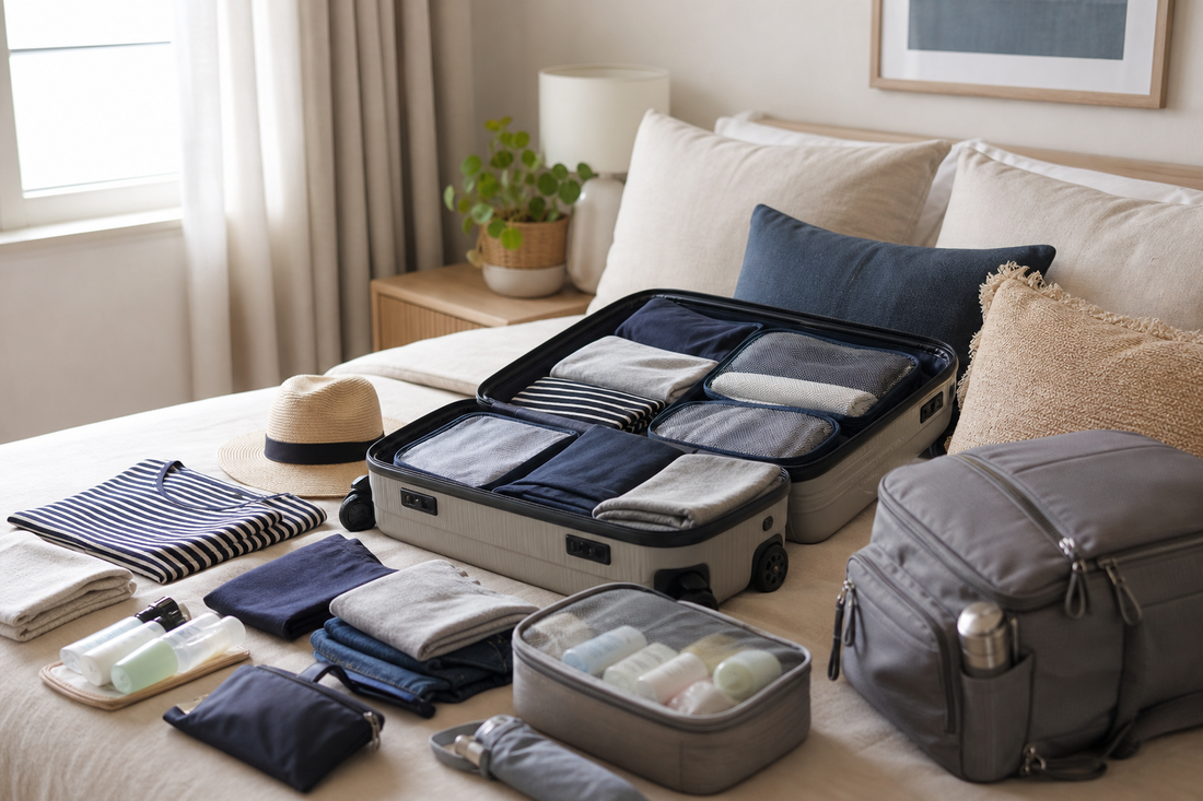 Unbranded repeatable routine scene featuring practical family travel