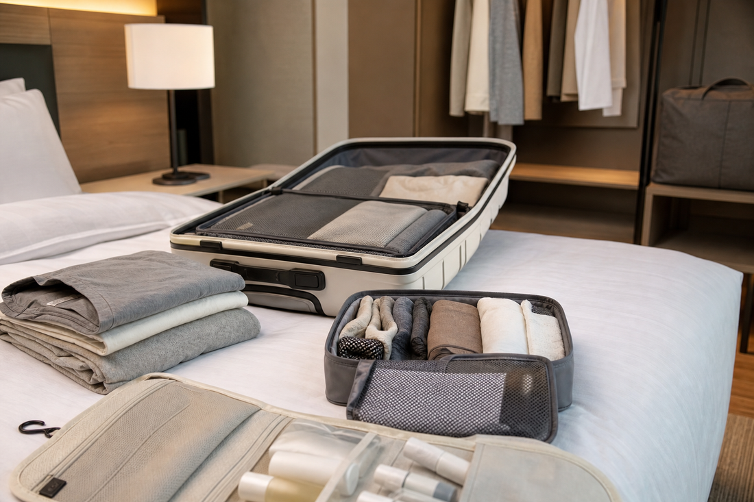Unbranded orderly inspection setup featuring hotel and temporary-stay organization
