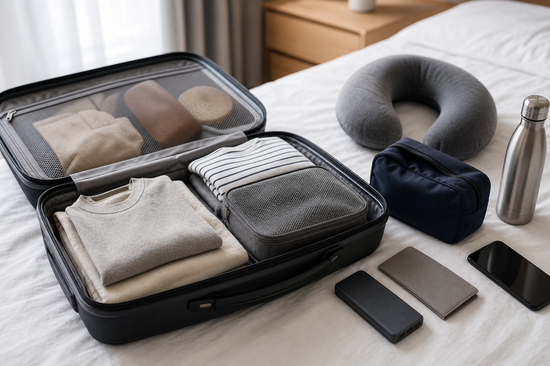 Unbranded close editorial detail featuring practical air-travel preparation