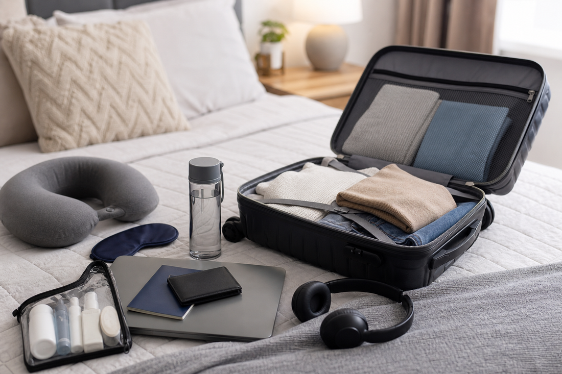 Unbranded close editorial detail featuring practical air-travel preparation
