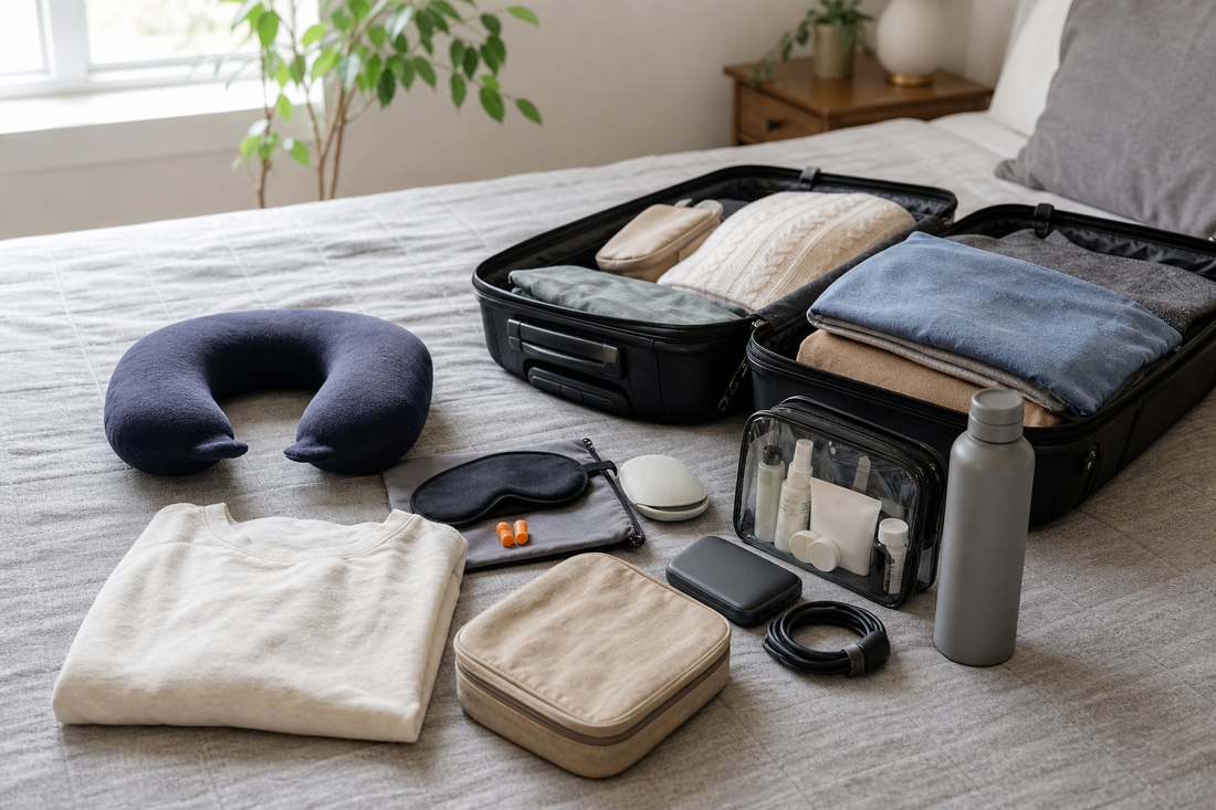 Unbranded repeatable routine scene featuring practical air-travel preparation