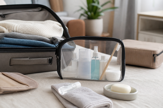 Unbranded repeatable routine scene featuring practical travel hygiene