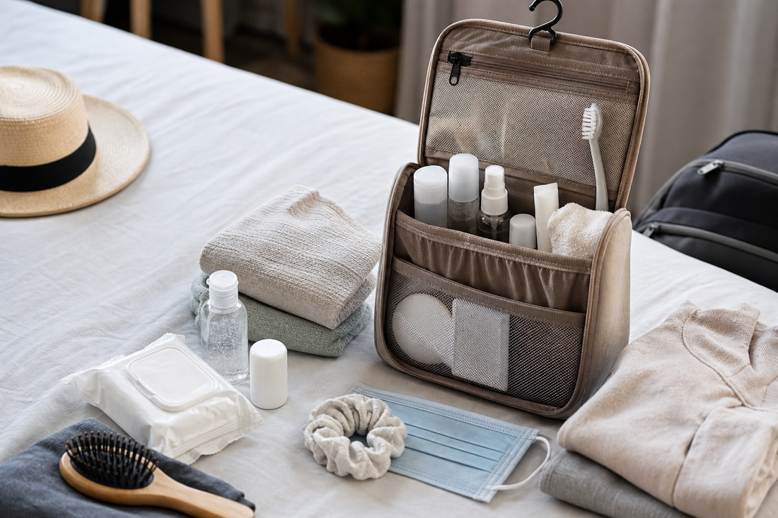 Unbranded practical sequence scene featuring practical travel hygiene