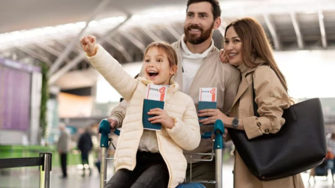 Premium travel hygiene essentials arranged elegantly with blue spa-inspired aesthetic, featuring BBPOW branding and text "Start the New Year Strong Together" for family wellness and travel preparation
