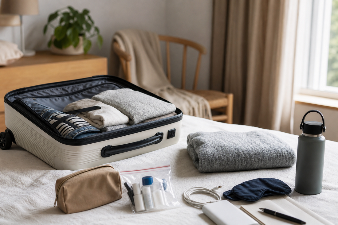 Unbranded practical sequence scene featuring practical air-travel preparation