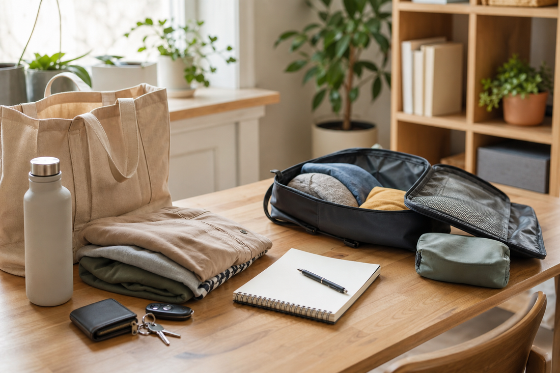 Unbranded practical sequence scene featuring everyday preparation for outings and future trips