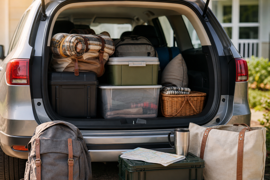 Unbranded practical sequence scene featuring practical road-trip preparation